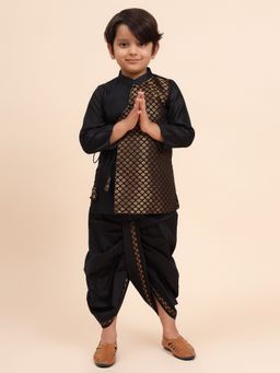MUD KID - Black Brocade Half and Half Kurta with Dhoti (Set of 2)