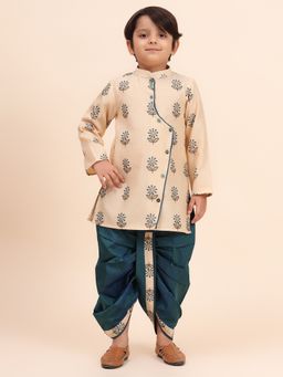 MUD KID - Beige Floral Printed Kurta and Green Dhoti (Set of 2)