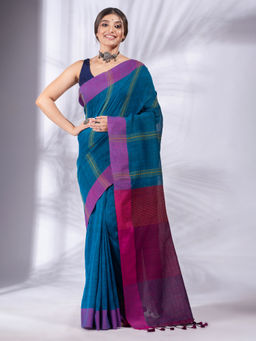 CHARUKRITI - Blue Cotton Linen Woven Design Soft Saree with Unstitched Blouse