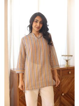 SAY - Beige Printed Mandarin Neck Cotton Top for Women