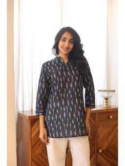 SAY - Navy Blue Printed Mandarin Top for Women