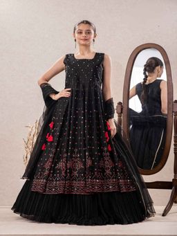 Lagorii - Girls Black Sequin Mirror Work Kurta with Lehenga & Dupatta