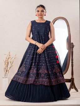 Lagorii - Girls Navy Blue Sequin Mirror Work Kurta with Lehenga