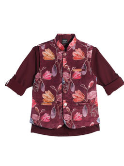 CHARCHIT - Boys Maroon Traditional Floral Printed Nehru Jacket with Shirt