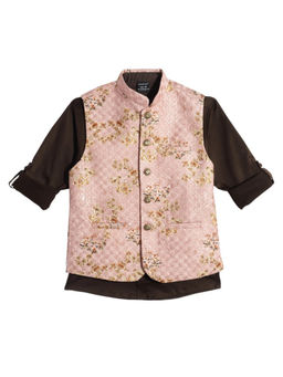 CHARCHIT - Boys Peach Traditional Floral Printed Shirt with Nehru Jacket