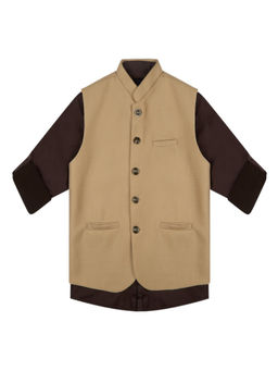 CHARCHIT - Boys Khaki Partywear Plain Nehru Jacket with Shirt
