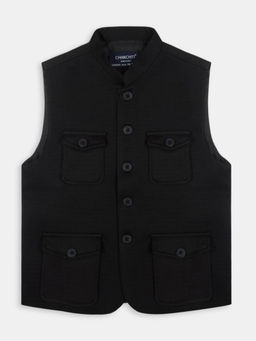 CHARCHIT - Boys Black Sleeveless Partywear Plain Nehru Jacket