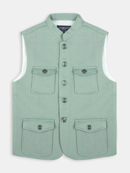 CHARCHIT - Boys Green Sleeveless Partywear Plain Nehru Jacket