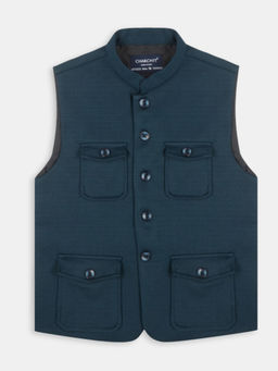 CHARCHIT - Boys Teal Sleeveless Partywear Plain Nehru Jacket