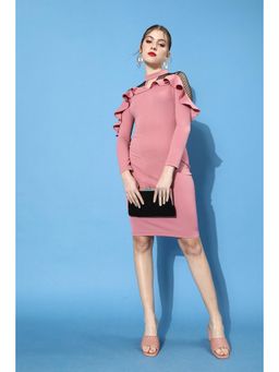 Miss Chase - Women Dusty Pink Full Sleeve Solid Knee Length Dress