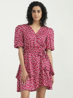 United Colors of Benetton - Viscose Pink Floral V-Neck Women Dress with Belt (Set of 2)