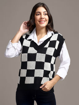 IKI CHIC - Checks Print Oversized Sleeveless V-Neck Knitted Vest Sweater