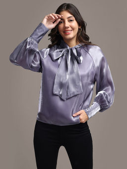 IKI CHIC - Satin Cuffed Sleeve Neck Tie-up Top