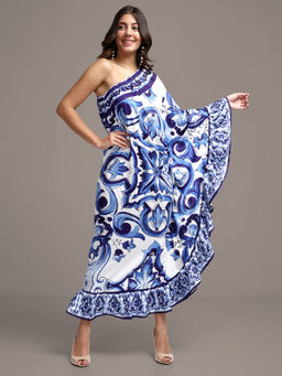 IKI CHIC - Blue & White Printed One-Shoulder Kaftan Maxi Dress