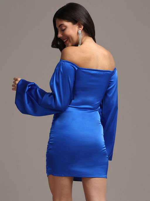 Strapless Dress Satin Blue Mini Dress Buy IKI CHIC Blue Satin Off-shoulder  Balloon Sleeves Ruched Mini Dress Online