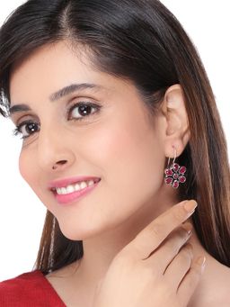 Yellow Chimes - Red Silver Plated Oxidised Floral Drop Earrings