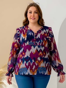 Indietoga - Plus Size Multicolour Abstract Print Georgette Dobby Top