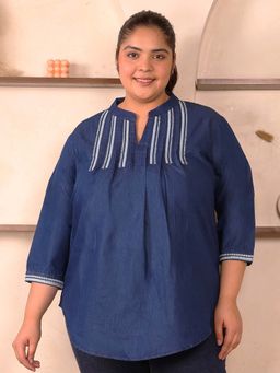 Indietoga - Plus Size Blue Embroidered Pleated Cotton Denim Top