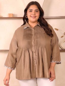 Indietoga - Plus Size Brown Pleated Pure Cotton Embroidered Shirt
