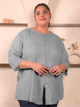Indietoga - Plus Size Grey Stripes Embroidered Cotton Linen Top