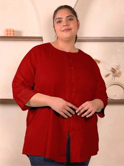 Indietoga - Plus Size Red Solid Cotton Linen Top