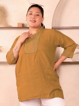 Indietoga - Plus Size Mustard Yellow Stripes Embroidered Cotton Linen Top