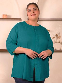 Indietoga - Plus Size Green Turquoise Solid Cotton Linen Top