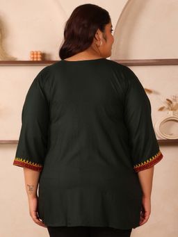 Indietoga - Plus Size Green Embroidered Yoke Rayon Top