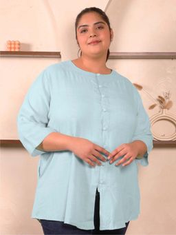 Indietoga - Plus Size Blue Solid Cotton Linen Top