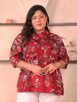 Indietoga - Plus Size Maroon Floral Printed Crepe Top