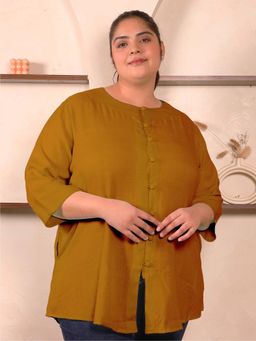 Indietoga - Plus Size Mustard Solid Cotton Linen Top