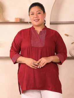 Indietoga - Plus Size Maroon Stripes Embroidered Cotton Linen Top