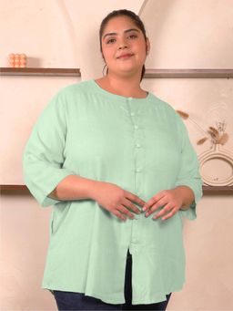 Indietoga - Plus Size Mint Green Solid Cotton-Linen Top