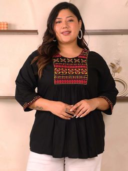 Indietoga - Plus Size Black Embroidered Yoke Rayon Top