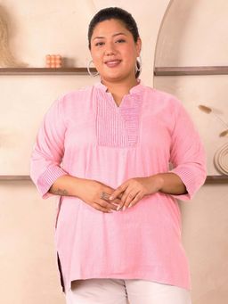 Indietoga - Plus Size Pink Stripes Embroidered Cotton Linen Top
