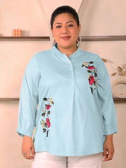 Indietoga - Plus Size Blue Floral Embroidered Cotton Top