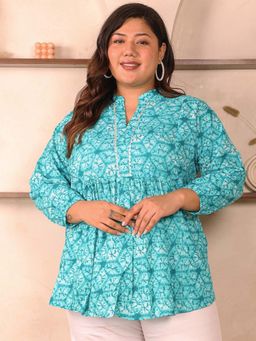 Indietoga - Plus Size Blue Geometric Print Cotton Fit and Flare Top