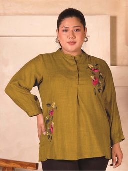 Indietoga - Plus Size Mustard Floral Embroidered Cotton Top