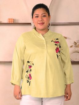 Indietoga - Plus Size Yellow Floral Embroidered Cotton Top