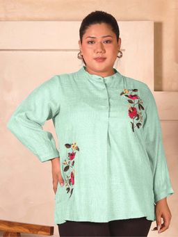 Indietoga - Plus Size Mint Green Floral Embroidered Cotton Top