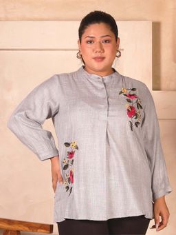 Indietoga - Plus Size Grey Floral Embroidered Cotton Top
