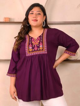 Indietoga - Plus Size Purple Embroidered Yoke Rayon Top