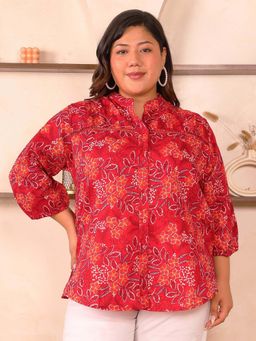 Indietoga - Plus Size Red Floral Printed Pleated Lace Cotton Shirt
