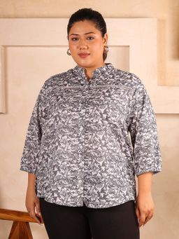 Indietoga - Plus Size Black and White Floral Pleated Lace Cotton Shirt