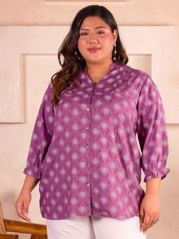 Indietoga - Plus Size Purple Motif Geometric Print Rayon Top