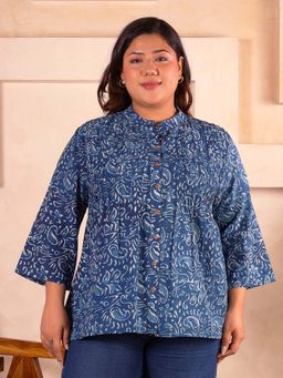 Indietoga - Plus Size Indigo Paisley Print Cotton Pleated Shirt