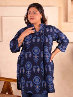 Indietoga - Plus Size Dark Blue Motif Print Pure Cotton Top