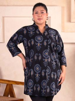 Indietoga - Plus Size Black Motif Print Pure Cotton Top