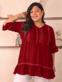 Indietoga - Plus Size Red Solid Rayon Tiered Top