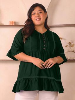 Indietoga - Plus Size Green Solid Lace Pleated Rayon Tiered Top